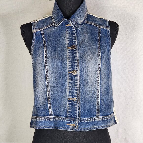 Indigo Thread Co. Jackets & Blazers - Indigo Thread Denim Button Front Cream Crochet Back Cotton Poly Span Vest Size S